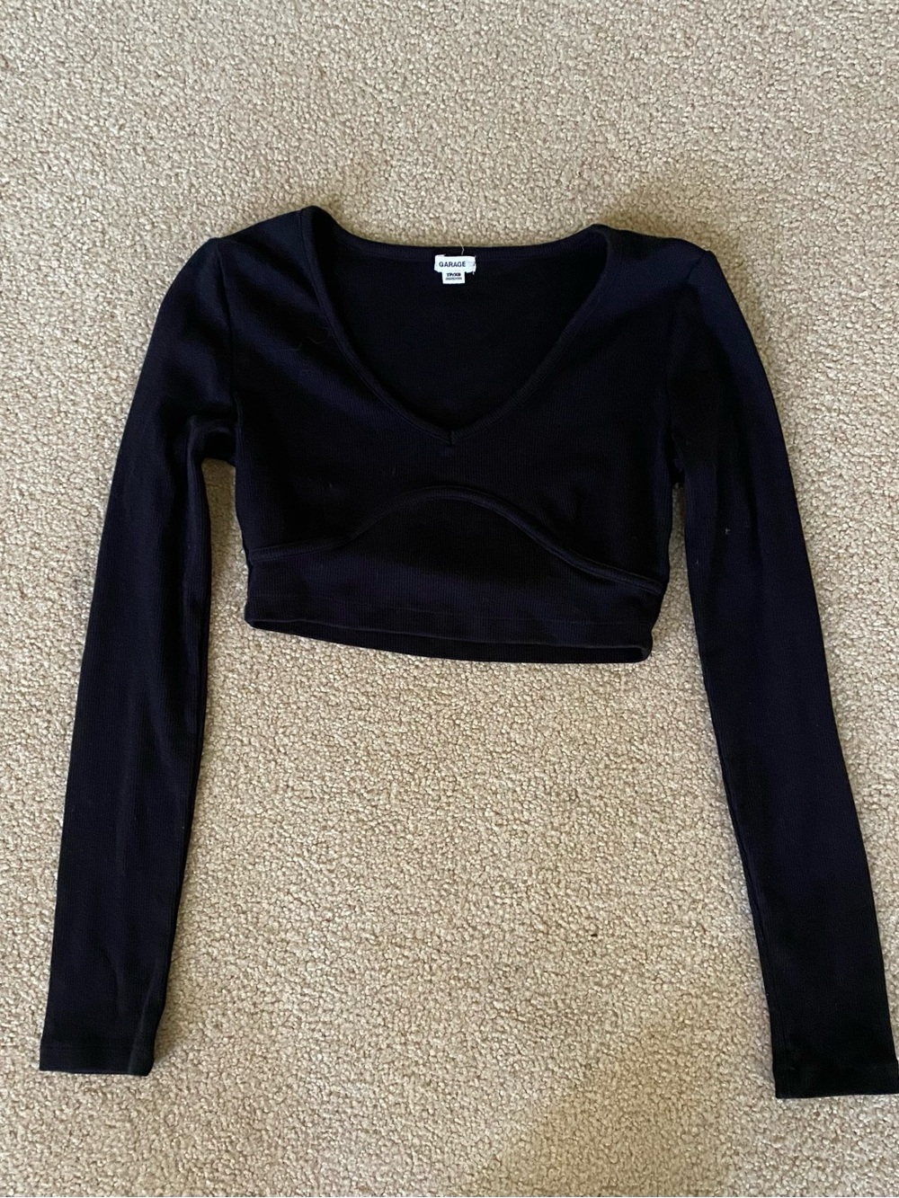 Garage Ribbed Knit Cropped Top Black V-Neck Long Sleeve Solid Size TP/XS